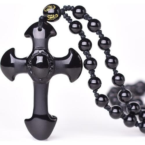 Natural Black Obsidian Cross Necklace Pendant Cross of Jesus Jade Pendant Lucky Pendants With Chain Jade Jewelry