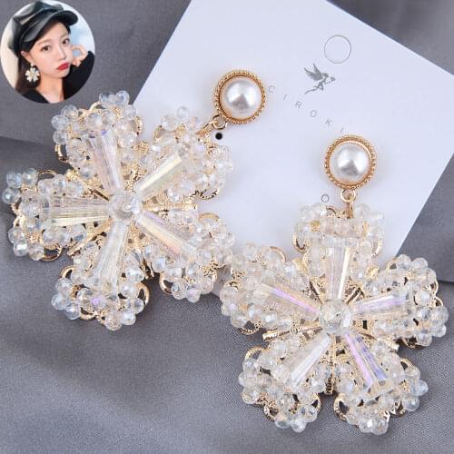 Kymyad Luxury Gold Color Shining Crystal Drop Earrings For Women Jewelry Simulated Pearl Wedding Jewelry Flower Pendant Earrings