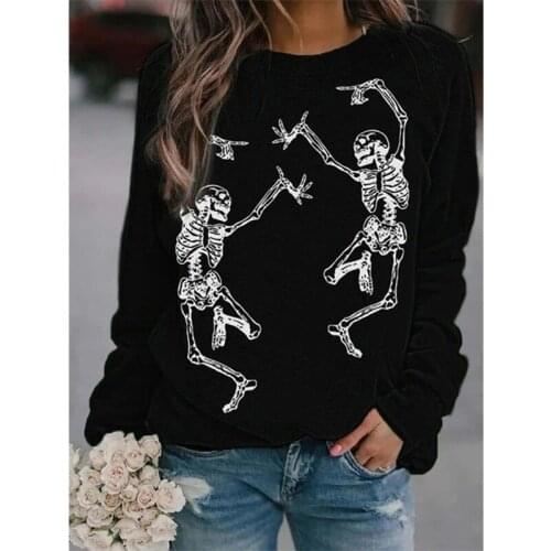Halloween Skull Print Vintage Long Sleeve Sweatshirt Streetwear Women Autumn New Oversized Crewneck Sweatshirt England Style BF