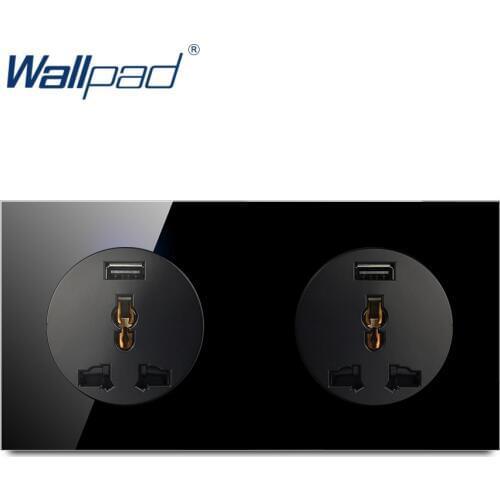 Wallpad L6 Double Universal Electric Wall Socket with USB Charging Port Power Outlet Black Tempered Glass Panel