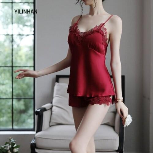 YILINHAN Pajama Set Women Lace Trim Satin Sleepwear Pyjamas Pour Femme Summer Nightwear with Pants Casual Home Wear