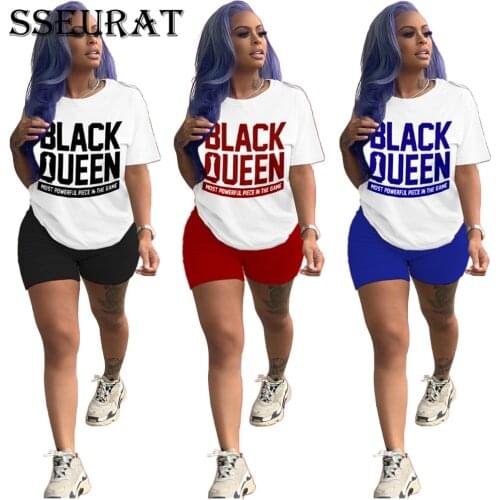 SSEURAT Women Set Letter Print Short Sleeve Pockets T-shirts Sheath Elastic Shorts 2 Piece Set Female Outfit 2021