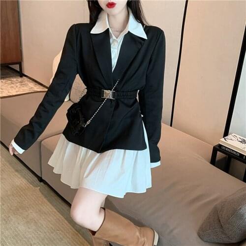 2021 Autumn New Casual Dress Sets Design Sense Belt Slim Waist Blazer Coat + Long Sleeve Shirt Dresses Women Two-piece Suit