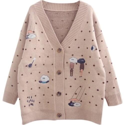 Womens Knitted Cartoon Sweater Cardigan V-neck Embroidered Jacket Sweater Button Korean Streetwear 2020 Autumn Winter New