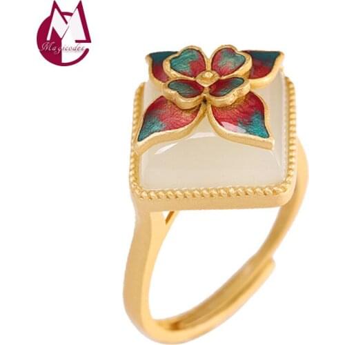 Inlaid Hetian Jade Flowers Adjustable Finger Ring Real 925 Sterling Silver Fashion Vintage Jewelry Women 2021 Free Shipping R28