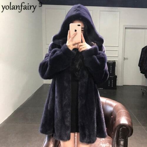 YOLANFAIRY Real Fur Coat Women Natural Mink Fur Coat Hooded Women Winter Warm Thick Plus Size Outwear Casaco Inverno YT09 MF347
