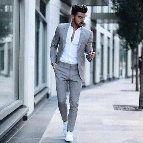 2020 Latest Grey Mens Slim Fit Suits Casual Custom Mens Business Formal Tuxedo Wedding Suits 2 Pieces Costume Homme Jacket Pants