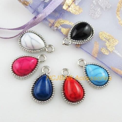 24 New Teardrop Mixed Charms Acrylic Eyes Dull Silver Plated Pendants 13x21mm