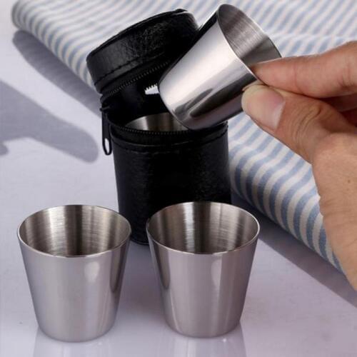 4Pcs/Set Travel Cup Stainless Steel Camping Mug Wine Beer Whiskey Hip Flask Outdoor Cup For Hiking Bar Drinkware With PU Leather