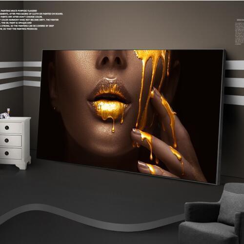 Large African Woman Face Canvas Art Posters And Prints Golden Sexy Lips Canvas Paintings On the Wall Art Picture For Living Room