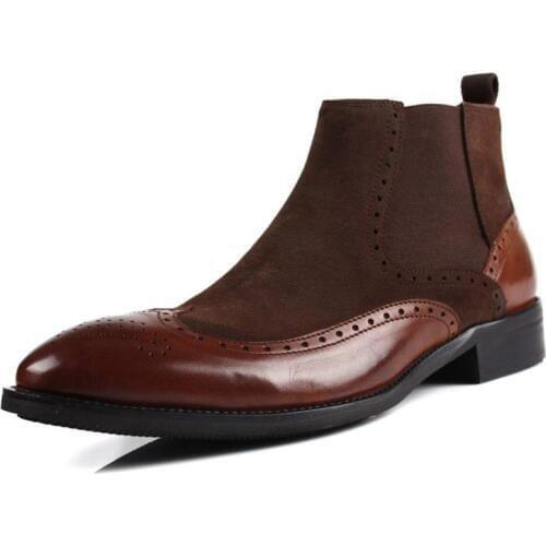 Italian Genuine Suede Leather Mens Chelsea Boots Retro Slip On Boots Winter Top Business Man Brogue Shoes Punk Footwear