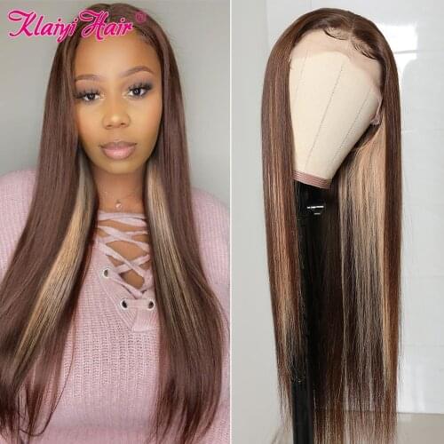 Klaiyi Hair Straight Lace Front Highlight Human Hair Wig 13x4 Lace Frontal Wig Ombre Brown Brazilian Remy Hair Wigs For Women