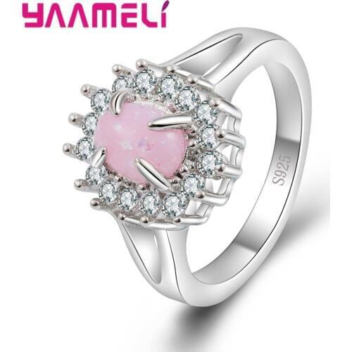 Pretty Sparkling Cubic Zirconia Rings Genuine 925 Sterling Silve Oval Pink Opal Engagement Anniversary Anel For Women