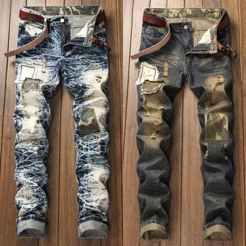 Mens retro distressed denim pants ripped tie-dyed slimming jeans hole patched casual jeans pants