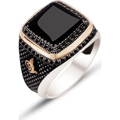 Silver Onix Stone Sides Black Zircon Embellishment Men 'S Ring