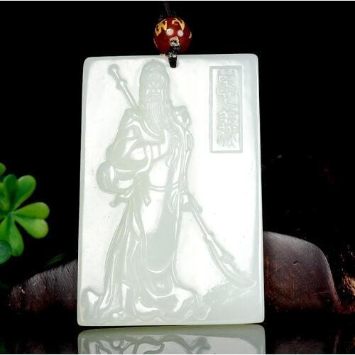 Natural Chinese HeTian White Jade Pendant Hand-Carved Guan Yu Beads Necklace Fashion Charm Jewelry for Man Auspicious Gifts