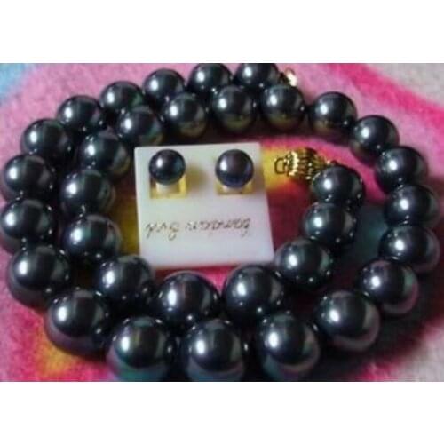New hot Exquisite 11-12mm Tahitian black AAA pearl earring 14k necklace 18 inch