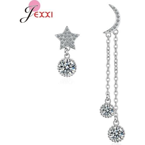 New Arrival Women Girls Fashion Asymmetric Moon Star Pendant Drop Earrings 925 Sterling Silver Shiny Cubic Zircon Dangle Earring