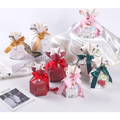 New Gift Boxes With Ribbons Pearl Wedding Favor Candy Box Paper Boxes For Packaging Gift Bags Baby Shower Party Supplies