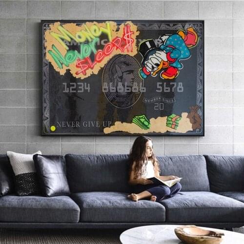 Money Never Sleeps Credit Card Art Donald Duck Canvas Painting Posters and Prints Wall Art Pictures for Home Living Room Decor
