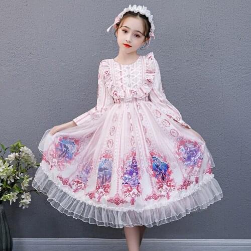 Teen Girls Lolita Dress Floral Print Loose Ruffle Hem Ball Gowns Lace Ruffle Sweet Casual Lolita Gowns Girl Party Street Dresses