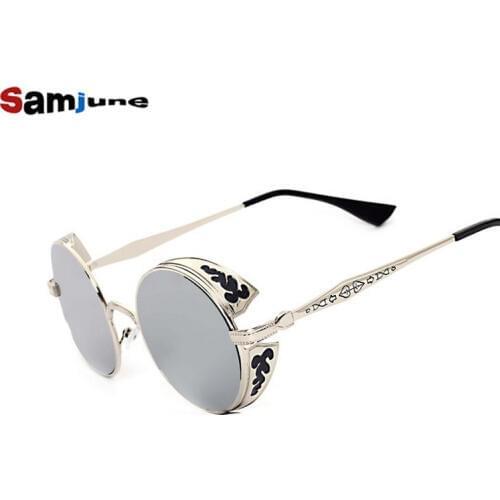 Samjune Retro Steampunk Sunglasses For Women Men, Vintage Round Metal Punk Mirror Sun Glasses oculos de sol feminino