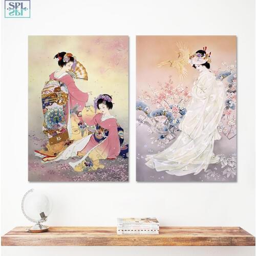SPLSPL Unframed Japan Style Pictures Decorating Plum Flower Pink Kimono Lady Canvas Print Wall Art Painting for Living Room