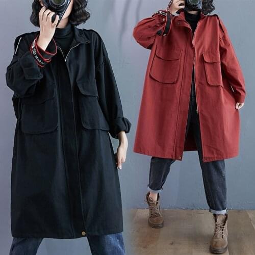 Spring Plus Size Women Trench Coat Autumn Solid Color Big Pocket Korean Zipper Female Outerwear Casual Vintage Long Windbreaker