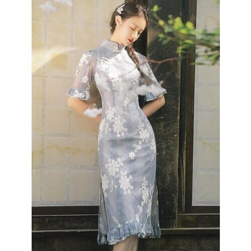 Retro Girl Sexy Elegant Cheongsam Women 2021 Summer Blue Gentle Lace Embroidered Trumpet Sleeve Fashion Chic Split Qipao Female