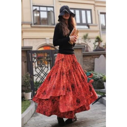 TIYIHAILEY Free Shipping 2020 New Long Maxi A-line Elastic Waist Women Summer Spring Cotton Linen S-2XL Red Flower Print Skirts