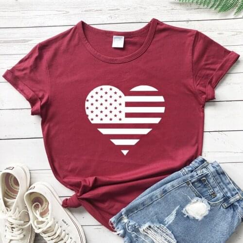 American Flag Heart Print T-shirt Cute USA Freedom Graphic Top Tee Shirt Aesthetic Womens 4th Of July Holiday Gift Tshirt