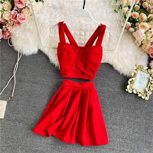 Womens Sexy Deep V Slim A-line Short Skirt Womens Sling Top Low-cut Backless Temperament Breast-Showing Suit Short Skirt
