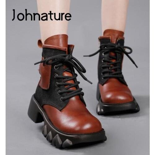 Johnature Ankle Shoes Women Boots Mixed Colors Genuine Leather Lace-up Round Toe 2021 New Winter Leisure Handmade Platform Boots