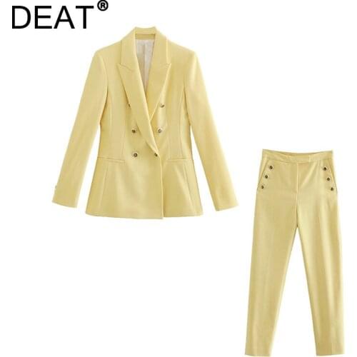 [DEAT] 2021 Autumn New Fashion Tide Turn-down Collar Double Breasted Blazer High Waist Pants Women Two-piece Sets 13Z1294