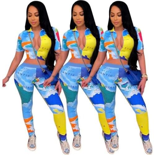 Fashion Letter Map Sweatsuit Outfits Two Piece Set Navel Sport Casual Women Tracksuit Zipper Up Crop Top Legging Pant 2021 New