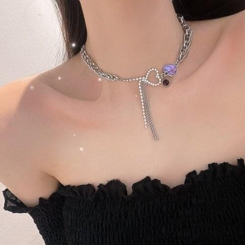 VSnow Temperament Purple Crystal Love Heart Tassel Asymmetry Pendant Necklace for Women Hollow Chunky Chain Necklace Jewelry