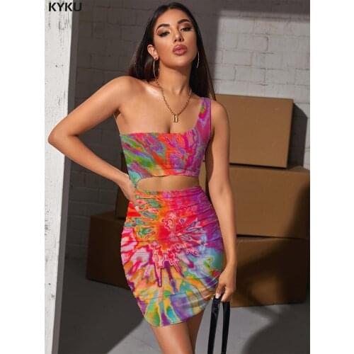 KYKU Brand Tie Dye Dresses Women Dizziness Vestido Sexy Pigment Pleating Harajuku Halter Sleeveless Womens Clothing Mini Evening