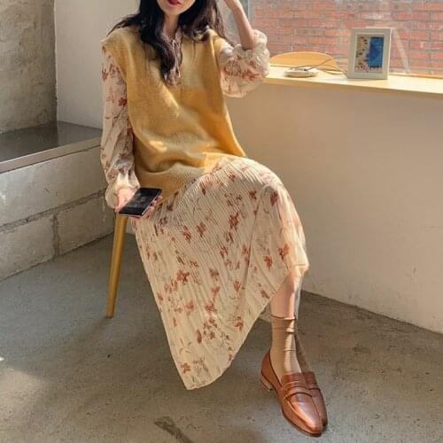 Autumn Winter Womens Pleated Chiffon Long Dress Floral Korean Long Sleeve Maxi V Neck Knitted Vest Slim Waist Sweet Over size