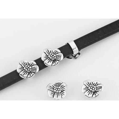 10pcs Antique Silver Color Flower Licorice Leather Sliders For 10x6mm Licorice Leather Cord Bracelet Jewelry Findings Making