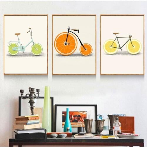 Abstract Fashion Bike Lemon Orange Fruit Print Canvas Paintings for Kitchen Home Decor Nordic Poster Minimalist Wall Art Picture