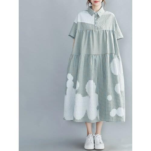 Anteef short sleeve cotton vintage plaid dresses for women casual loose long woman summer shirt dress elegant clothes 2021