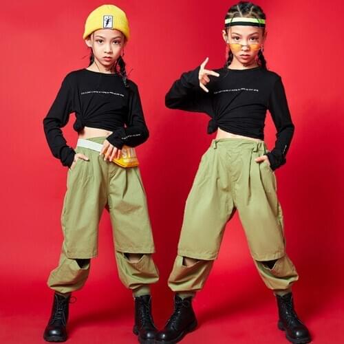 Hip Hop Costumes Girls Tops Army Green Pants Jazz Dancewear Loose Casual Kids Clothing Stage Show Wear Street Rave Outfit BL5473