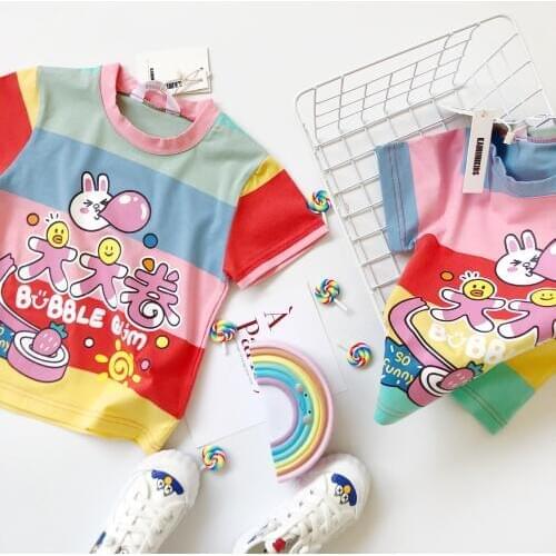 Tonytaobaby New Summer Childrens Bubble Gum Childrens Year Printed Rainbow Striped Short-sleeved T-shirt