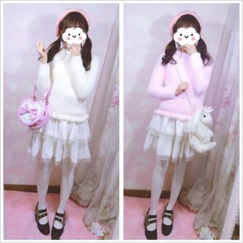 Cute Womens Ice-Cream Color Soft Faux Fur Long Sleeve Sweater Pullover Winter Warm Shirt Undershirt Tops Pink & White