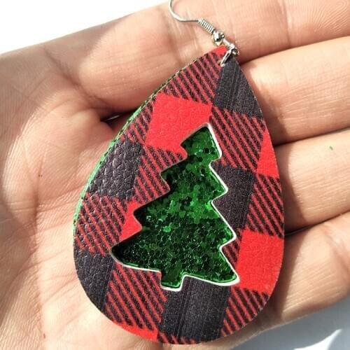 Layered Stock Christmas Tree Teardrop Glitter Faux Leather Earrings Double Layer Plaid Pattern Leaf Earrings Gifts For Women