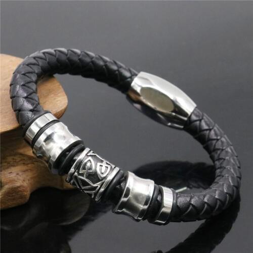 Mens Punk Stainless Steel Genuine Leather Bracelet Symbol Norse Runes Viking Wristband Black Bangles Christmas Gifts Jewelry