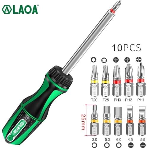 LAOA 10 in 1 Ratchet Screwdriver Set With 10 Pcs S2 Bits 48T 20N.m Aluminum Rod Screw Driver SLOTTED HEX TROX Tools kit