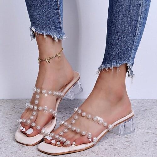 2021 new womens sandals PVC pearl decoration jelly crystal heel transparent womens sexy high heels summer sandals womens shoes