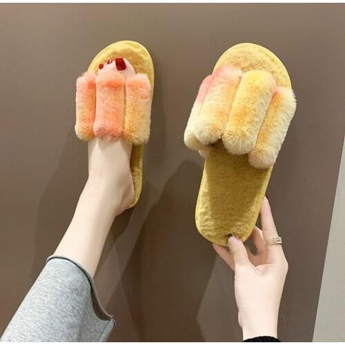 New Style Plush Slippers Women Rainbow Color Cute Women Fluffy Slipper European and American Couples