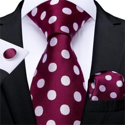 Gift Men Tie Red Wine White Dot Silk wedding Tie For Men DiBanGu Novelty Design Hanky Cufflink Quality Men Tie Set Business 7332
